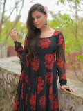 Black and Red Floral Anarkali Kurta with Dupatta