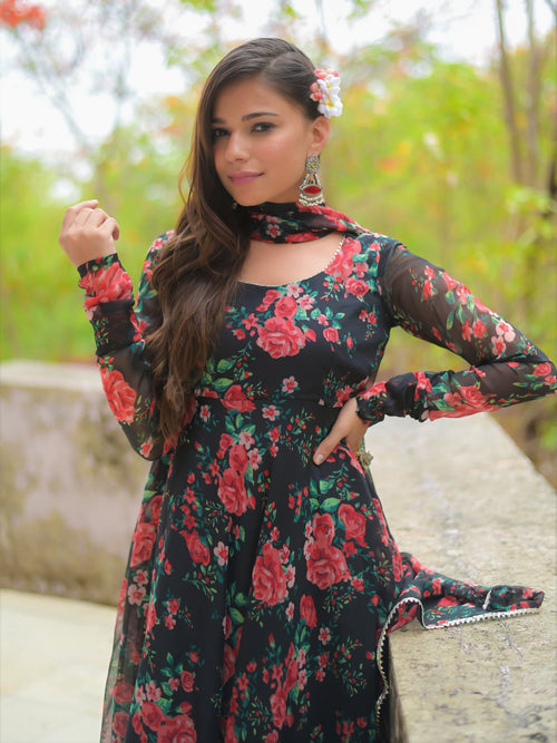 Black Red Rose Floral Anarkali Kurta
