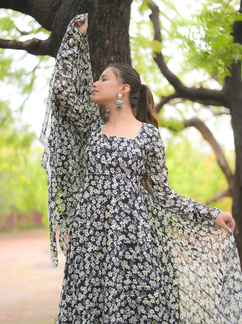 Black and White Anarkali Kurta with dupatta