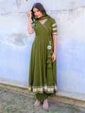 Olive Green Gota Work Anarkali Suit Set