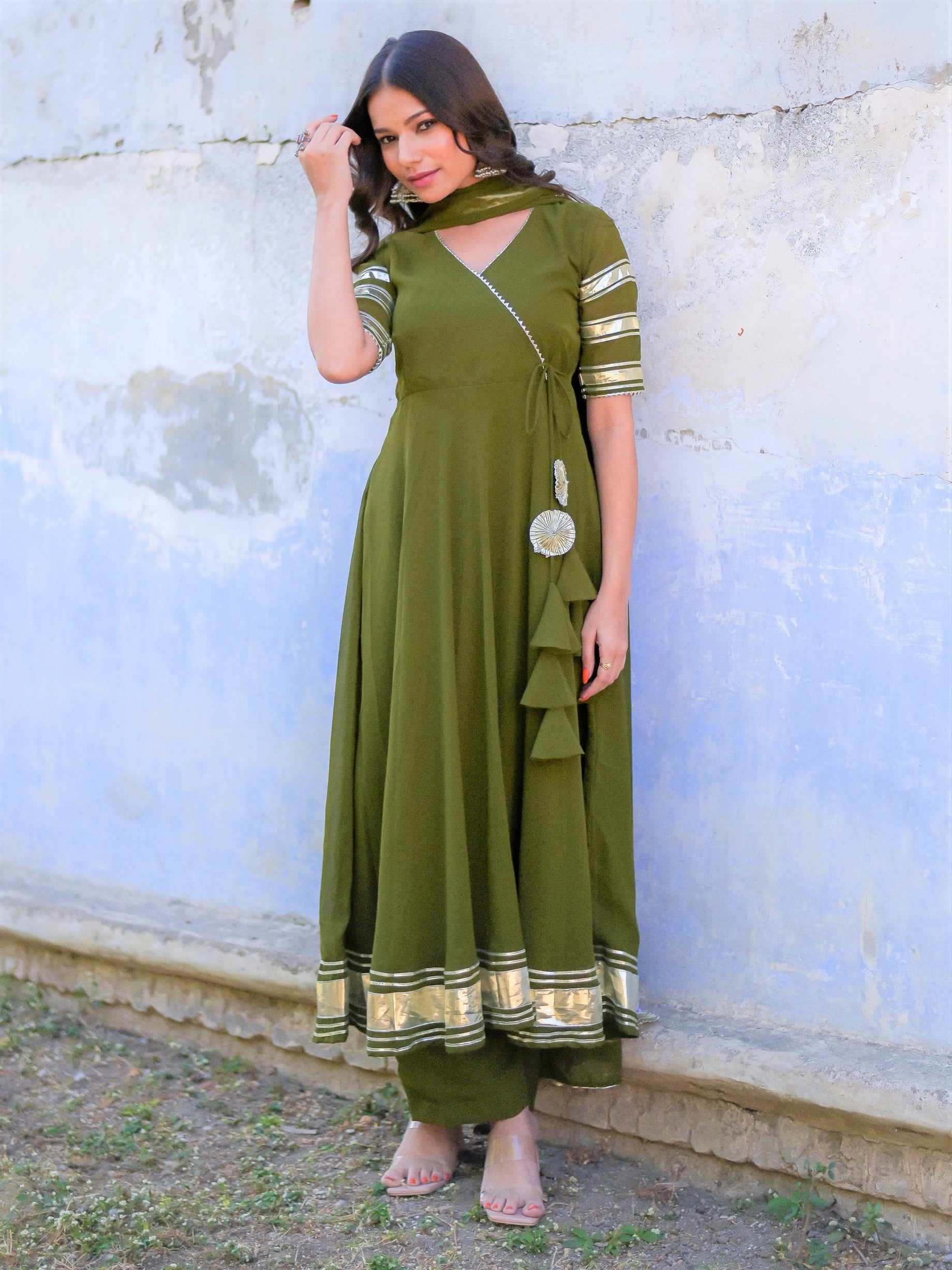 Olive Green Gota Work Anarkali Suit Set