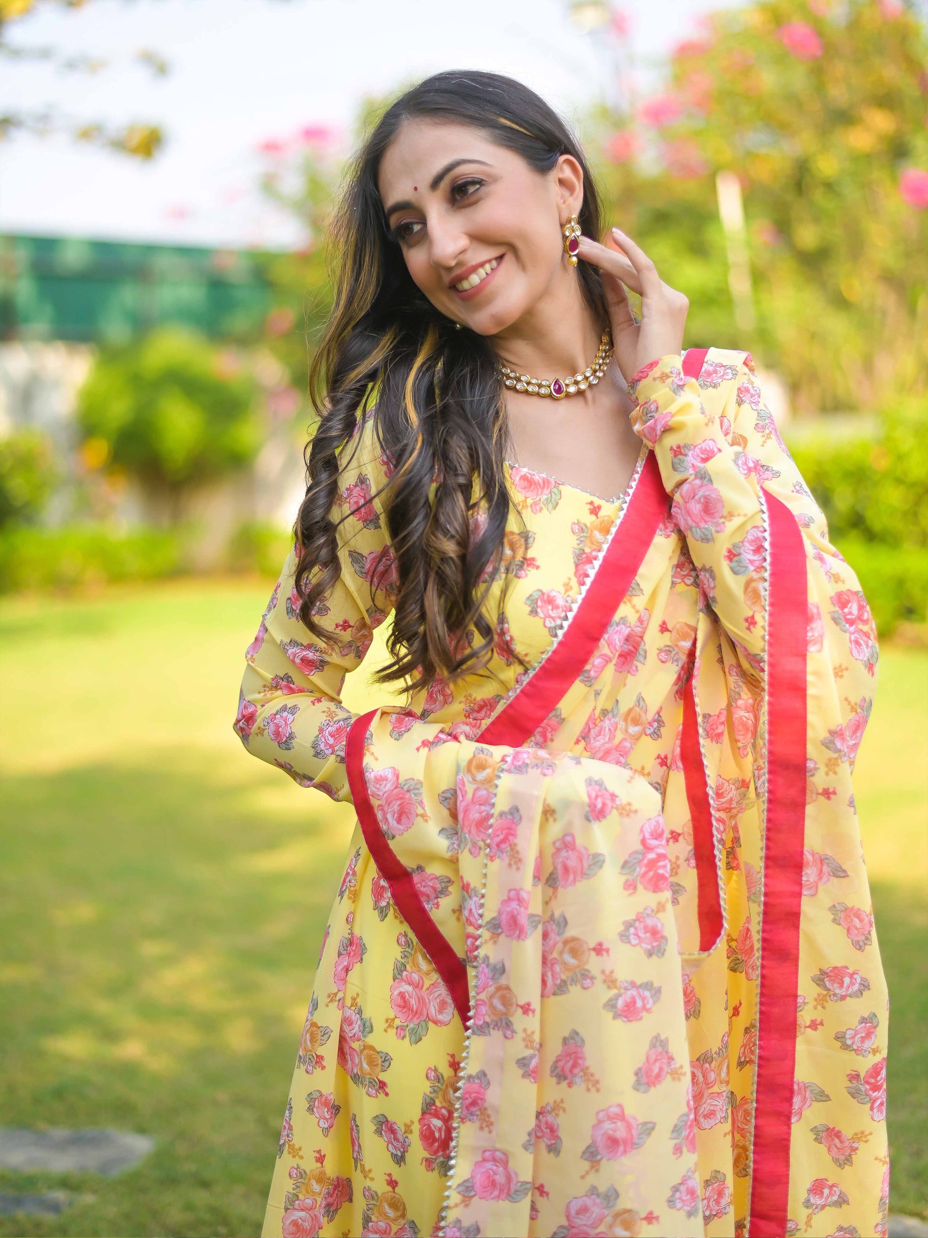 Yellow Rose Floral Anarkali Suit Set