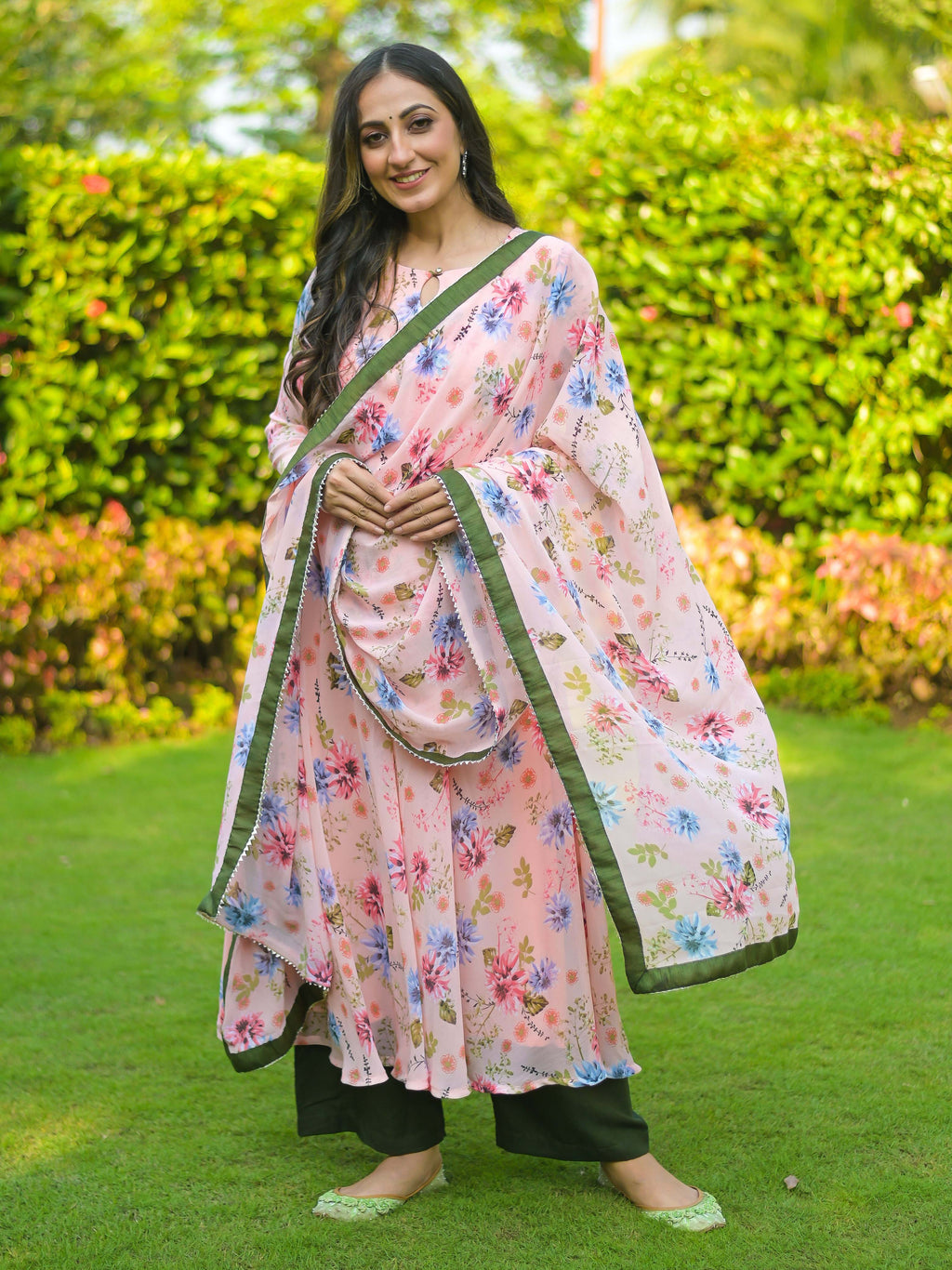 Peach Olive green Chiffon Anarkali Suit Set