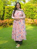 Peach Olive green Chiffon Anarkali Suit Set