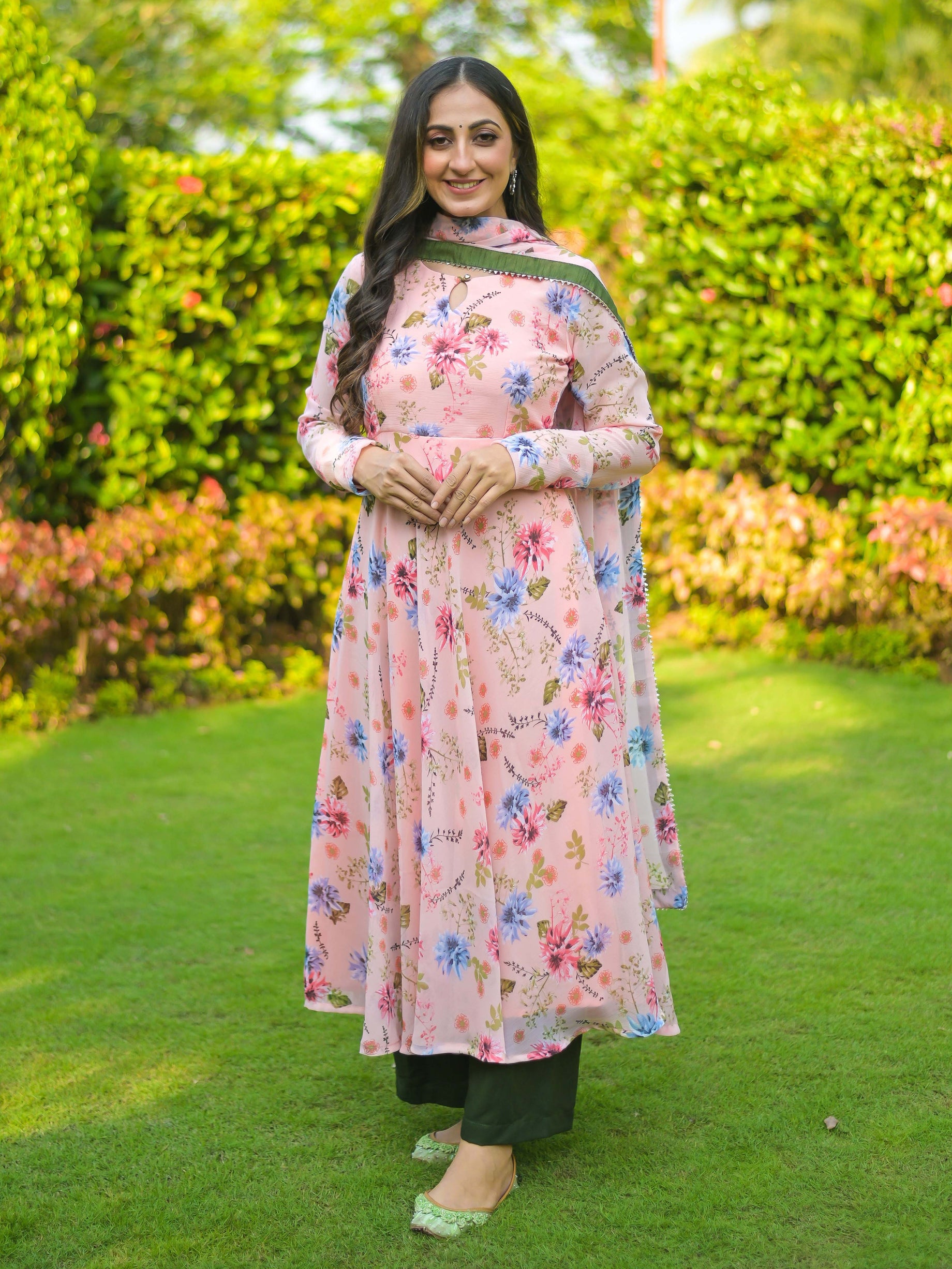 Peach Olive green Chiffon Anarkali Suit Set