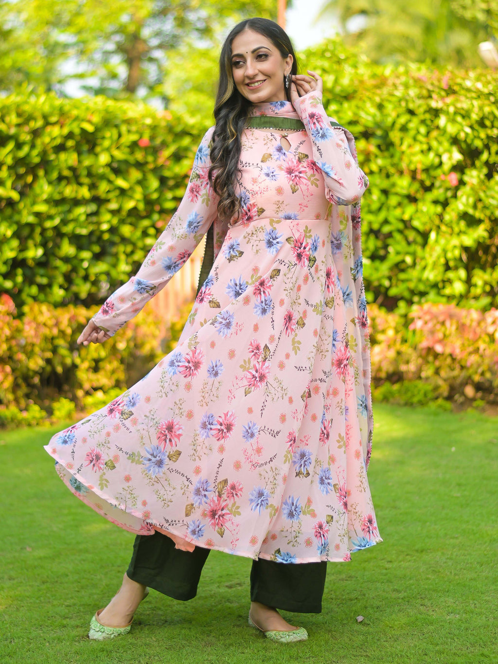 Peach Olive green Chiffon Anarkali Suit Set