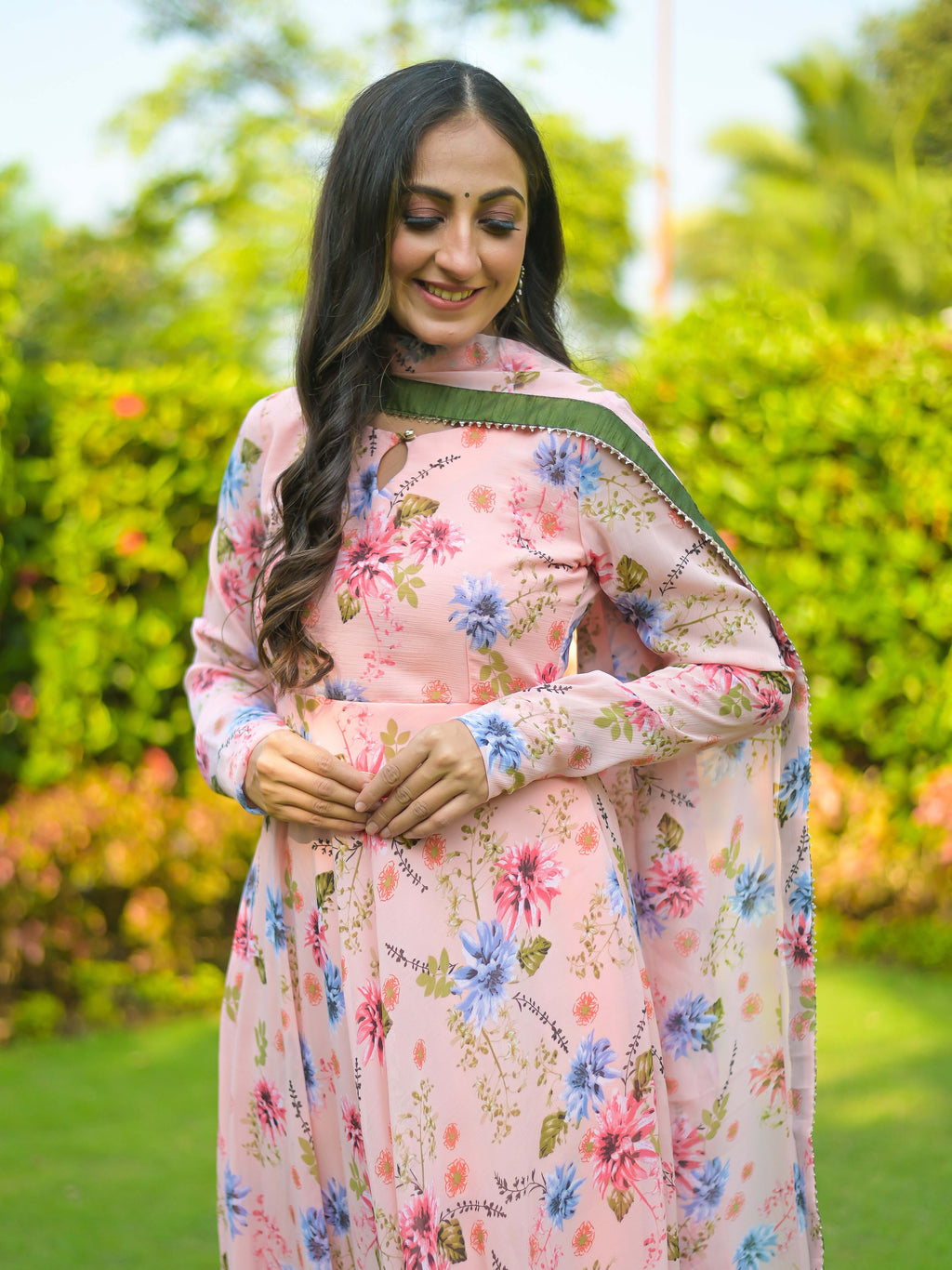 Peach Olive green Chiffon Anarkali Suit Set