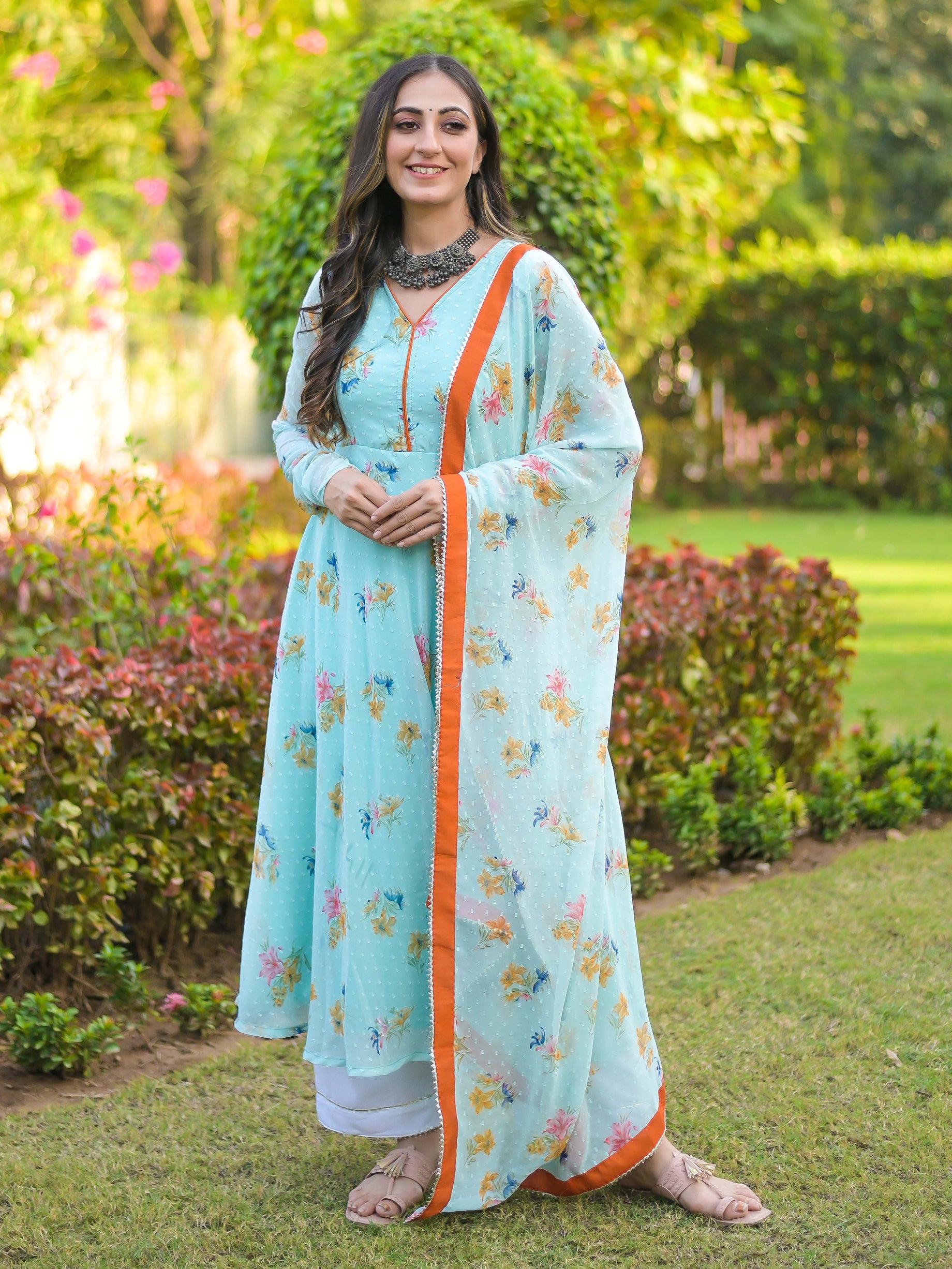 Arctic blue Orange Chiffon Anarkali Suit Set