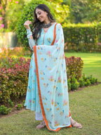 Arctic blue Orange Chiffon Anarkali Suit Set