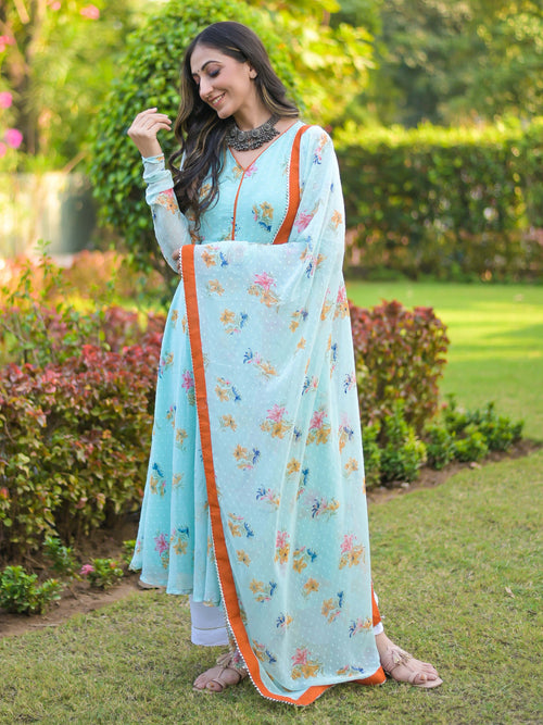Arctic blue Orange Chiffon Anarkali Suit Set