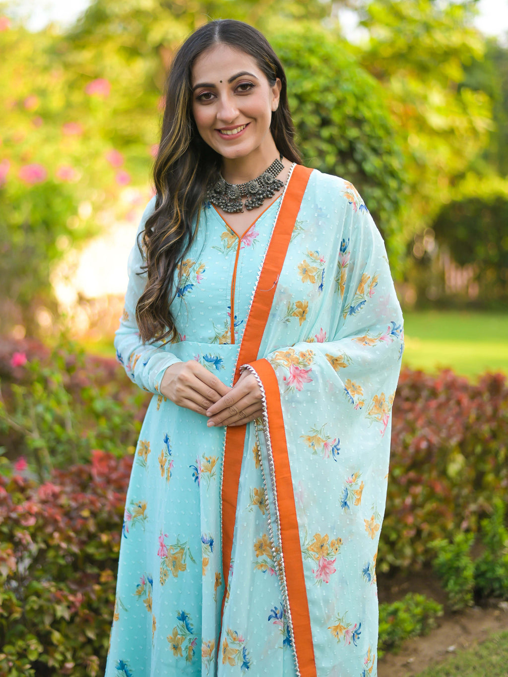 Arctic blue Orange Chiffon Anarkali Suit Set