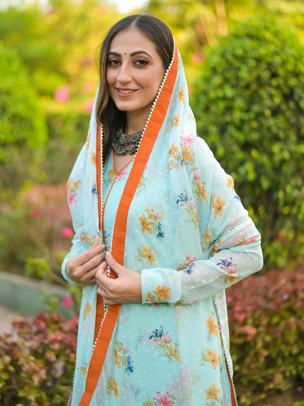 Arctic blue Orange Chiffon Anarkali Suit Set