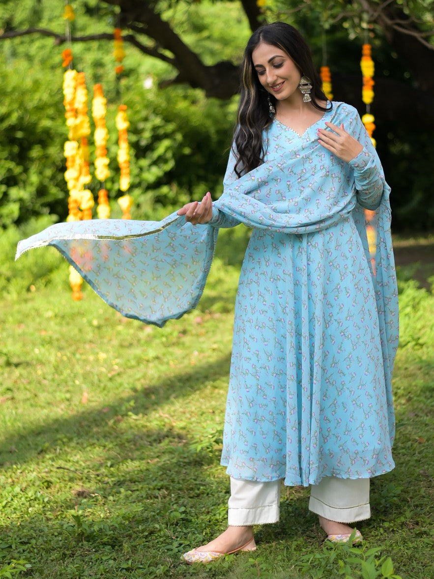Sky Lotus Print Anarkali Suit Set