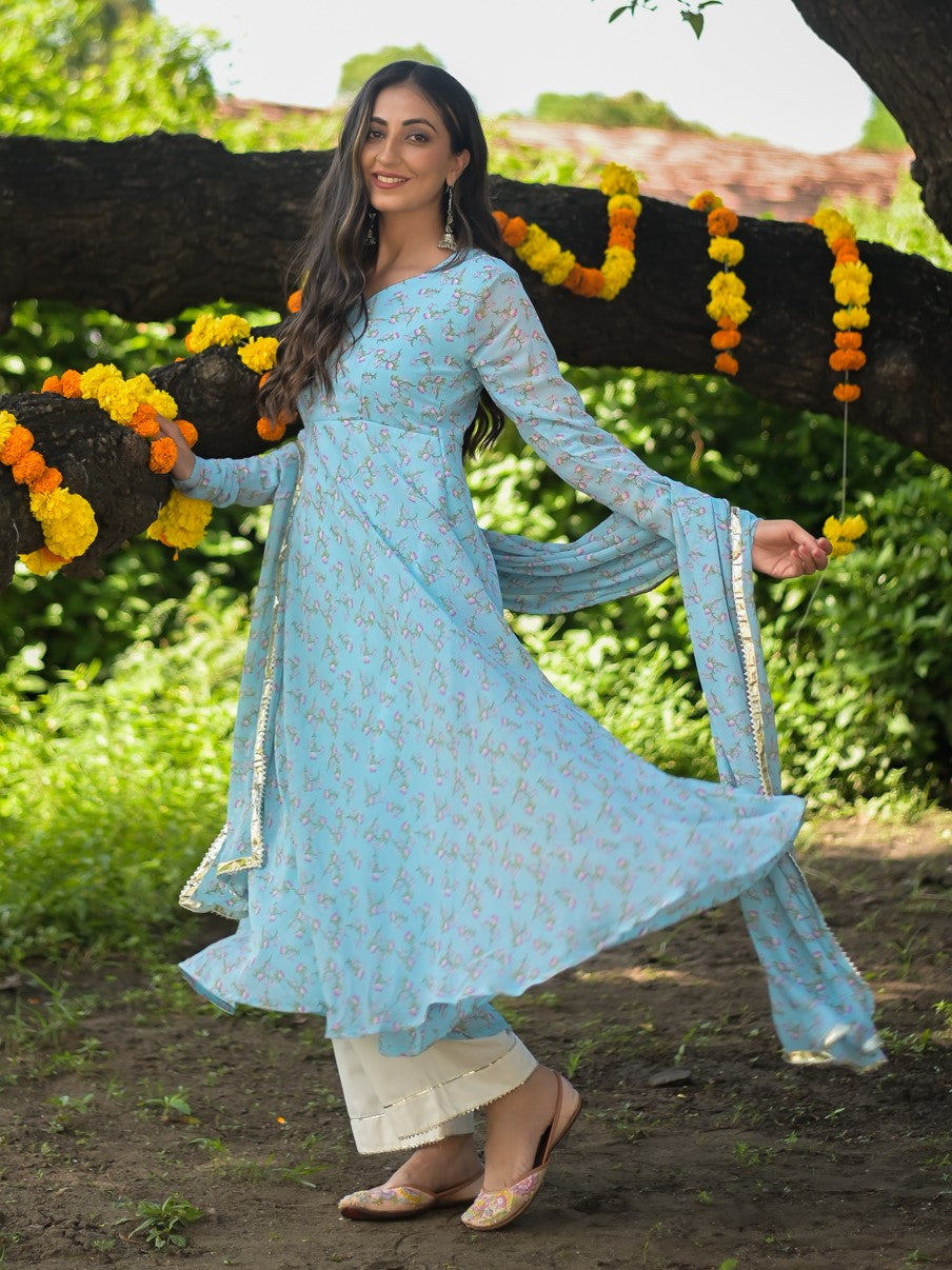 Sky Lotus Print Anarkali Suit Set