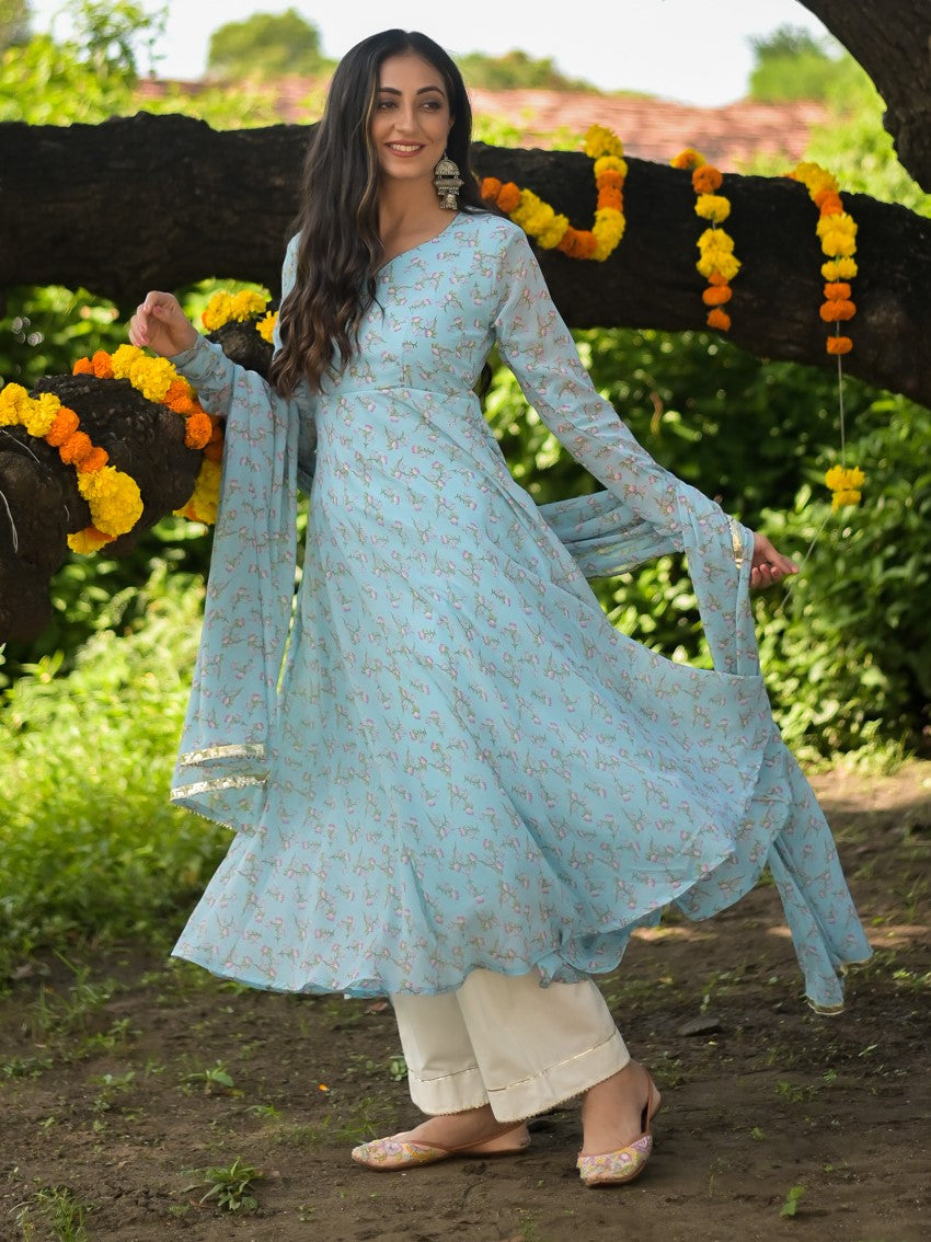 Sky Lotus Print Anarkali Suit Set