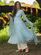 Sky Lotus Print Anarkali Suit Set