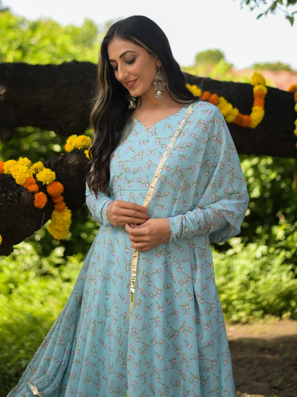 Sky Lotus Print Anarkali Suit Set