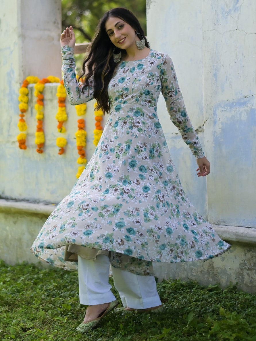 Beige Rose Garden Anarkali Kurta