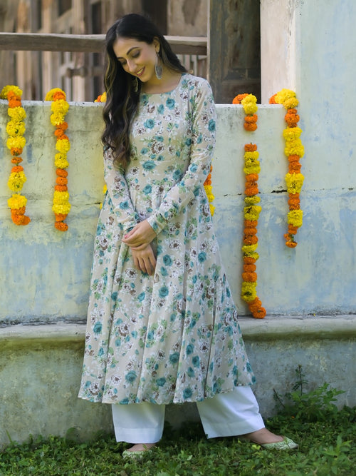 Beige Rose Garden Anarkali Kurta