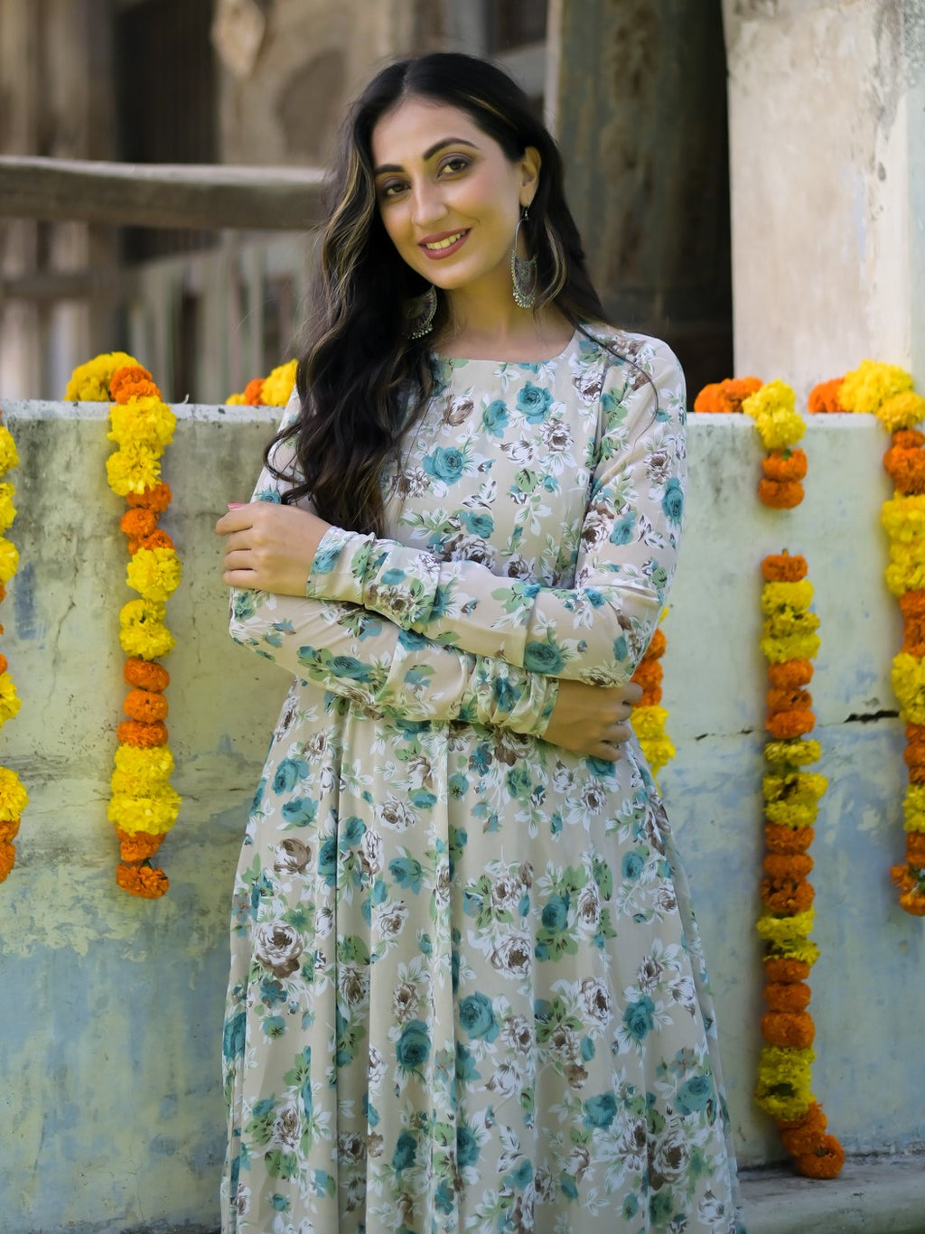 Beige Rose Garden Anarkali Kurta