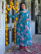 Ocean Blue Floral Anarkali Suit Set