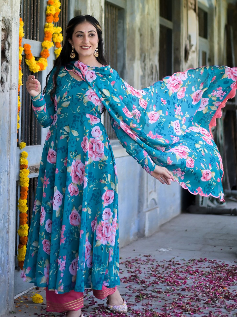 Ocean Blue Floral Anarkali Suit Set
