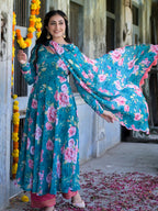 Ocean Blue Floral Anarkali Suit Set