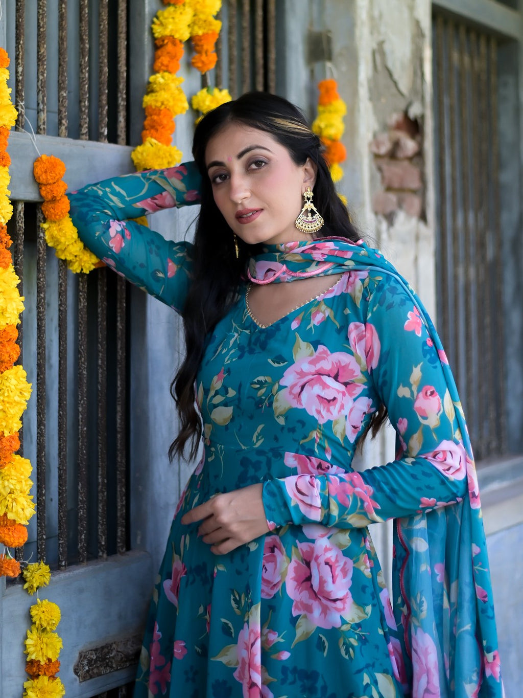 Ocean Blue Floral Anarkali Suit Set