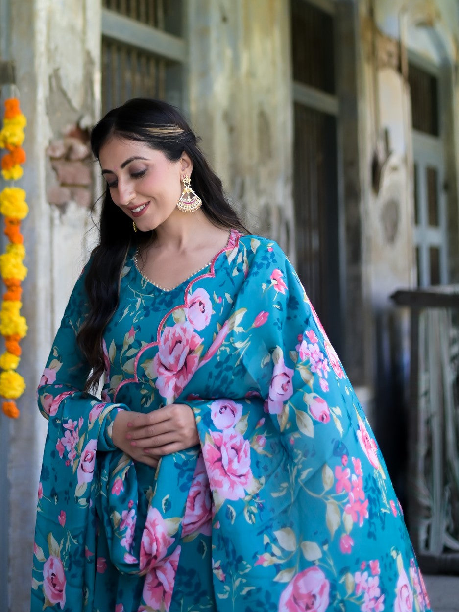 Ocean Blue Floral Anarkali Suit Set