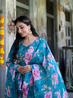 Ocean Blue Floral Anarkali Suit Set