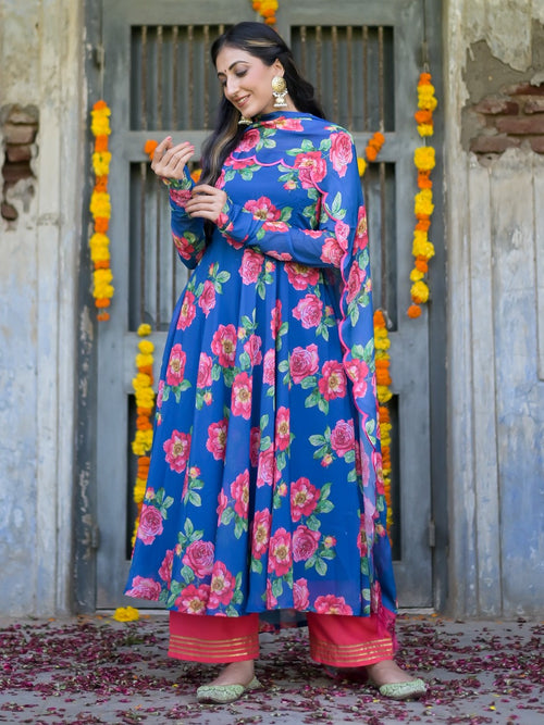 Deep Blue Floral Anarkali Kurta