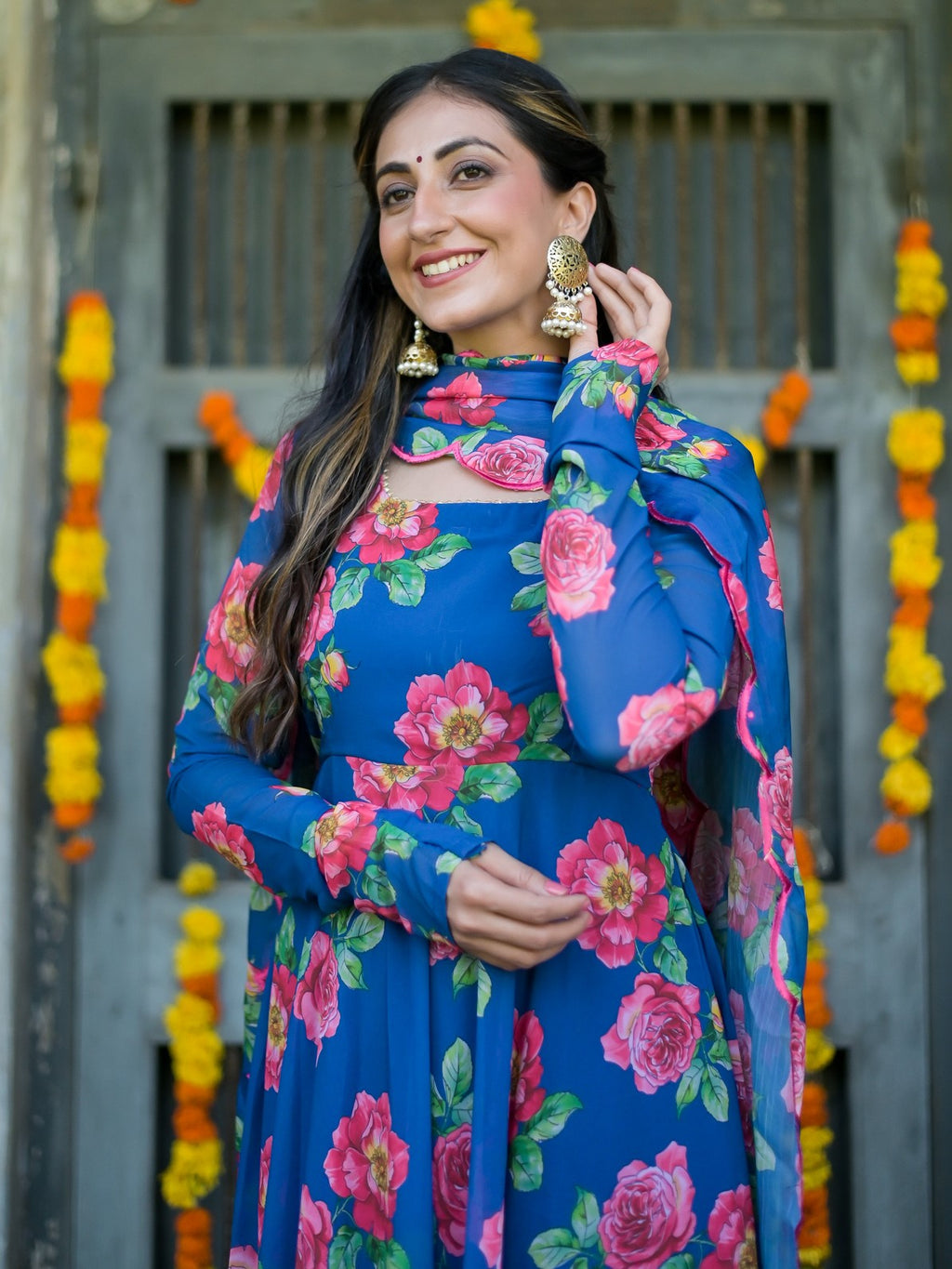 Deep Blue Floral Anarkali Kurta