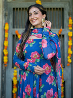 Deep Blue Floral Anarkali Suit Set