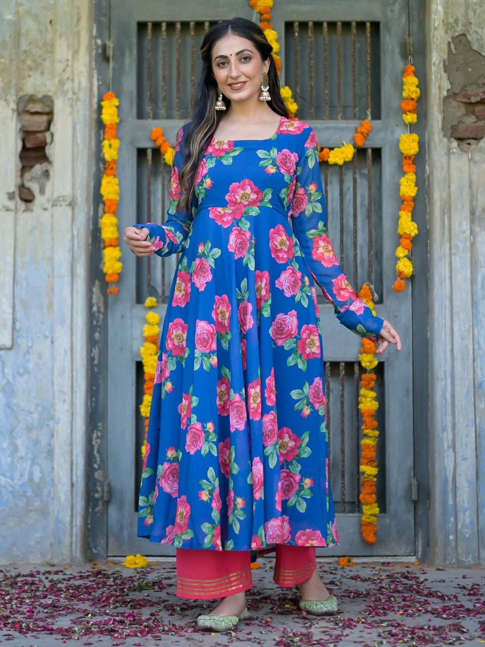 Deep Blue Floral Anarkali Kurta