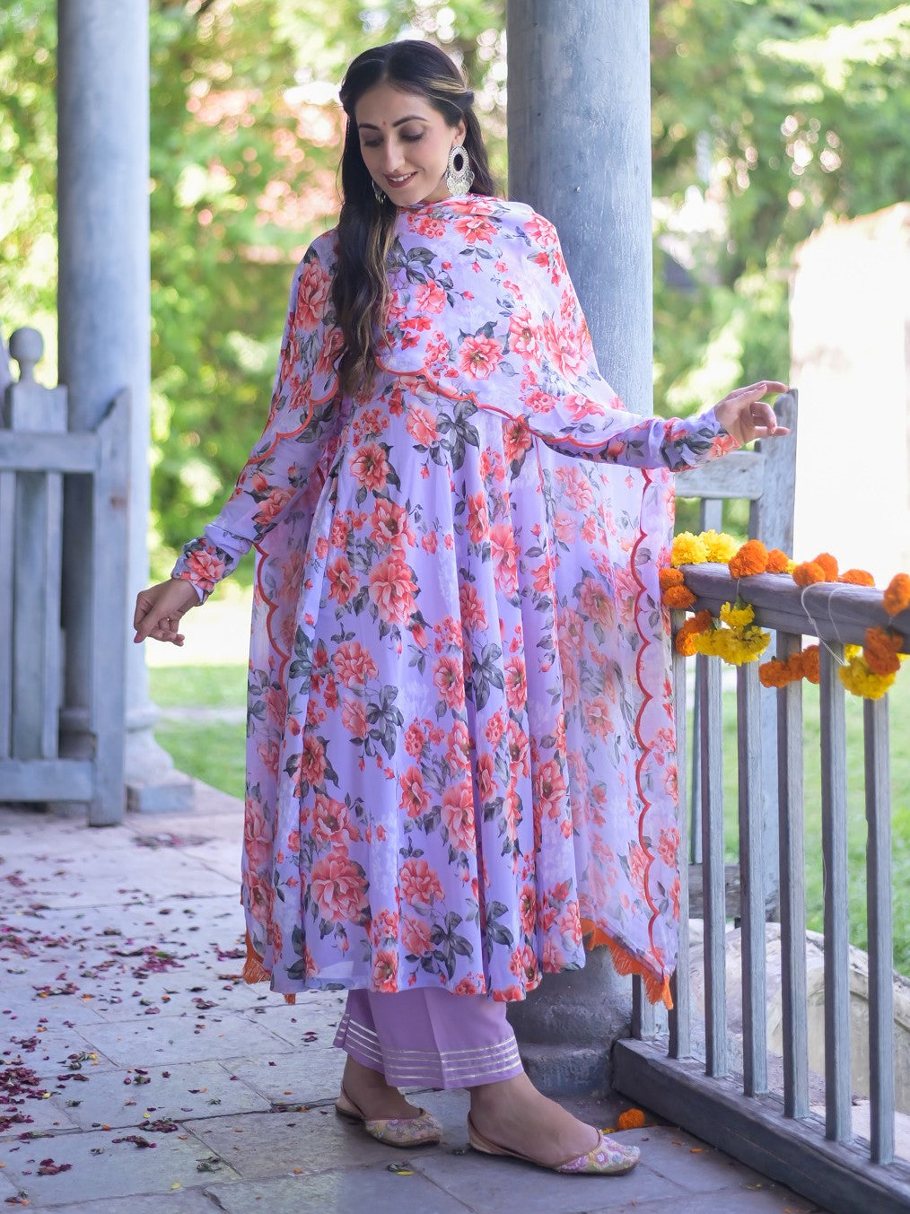 Lavender Floral Anarkali Suit Set