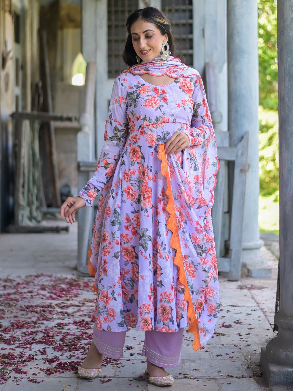 Lavender Floral Anarkali Suit Set
