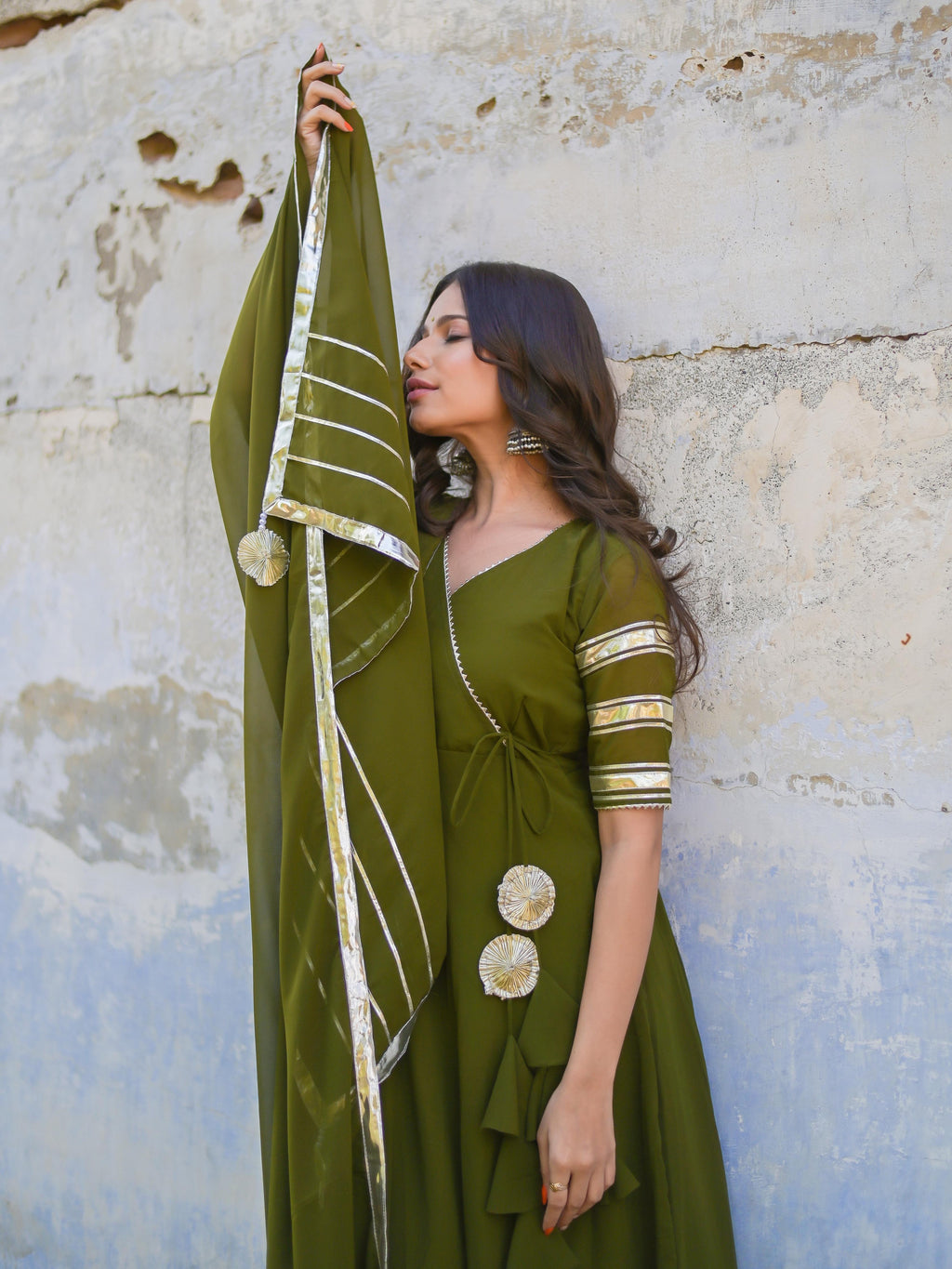 Olive Green Gota Work Anarkali Suit Set