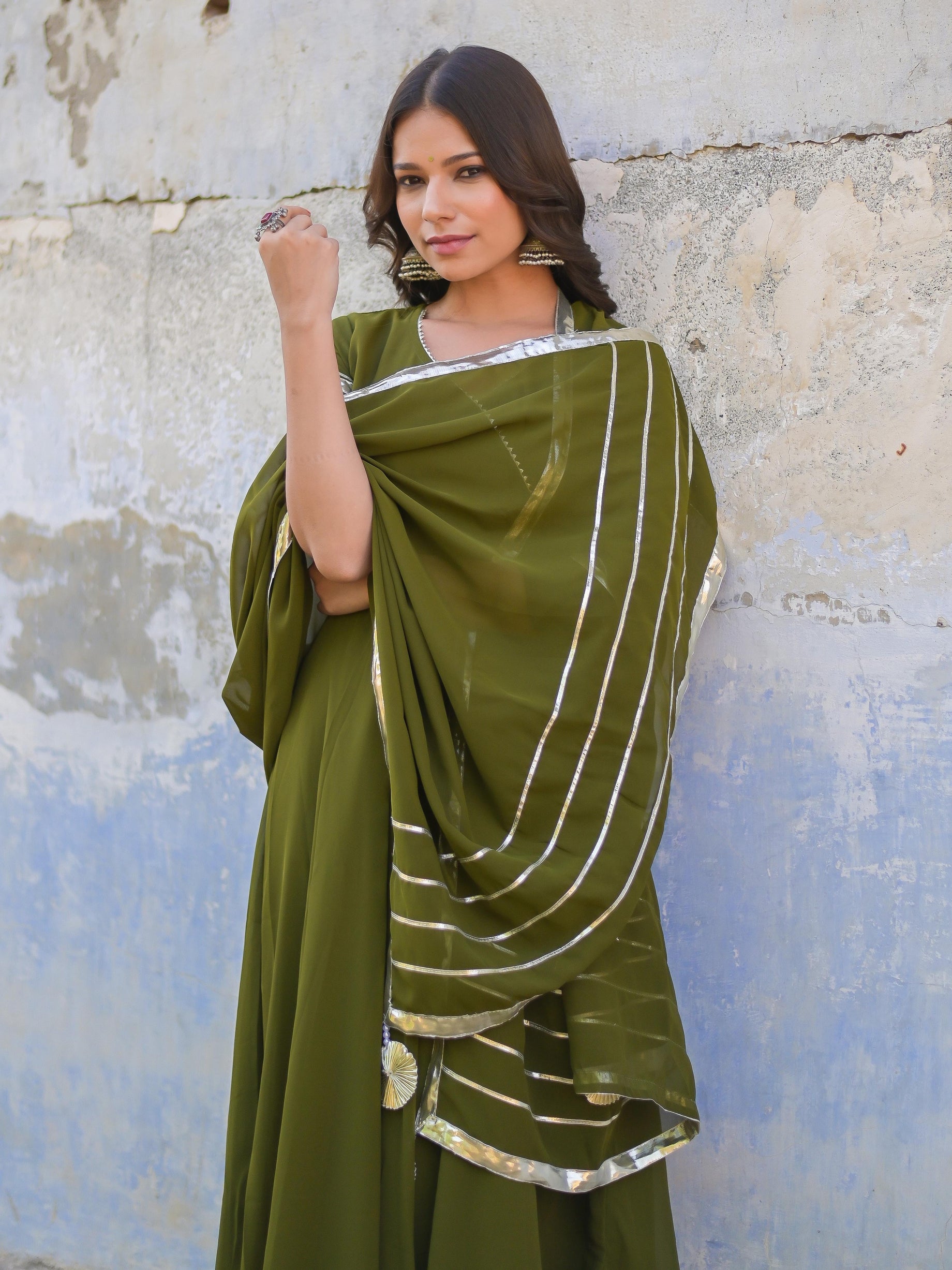 Olive Green Gota Work Anarkali Suit Set