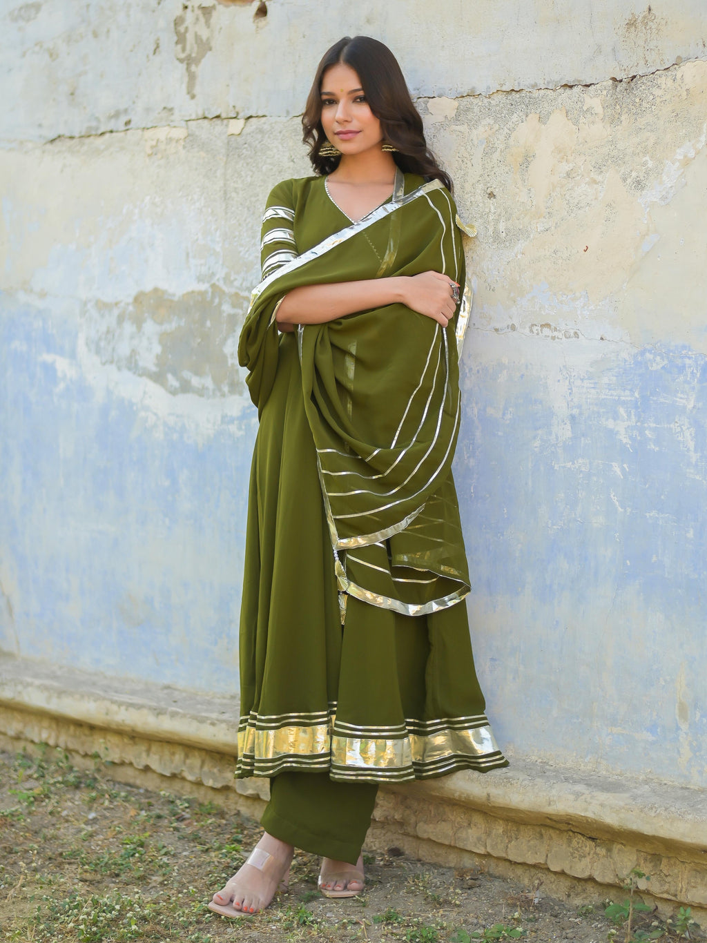 Olive Green Gota Work Anarkali Suit Set