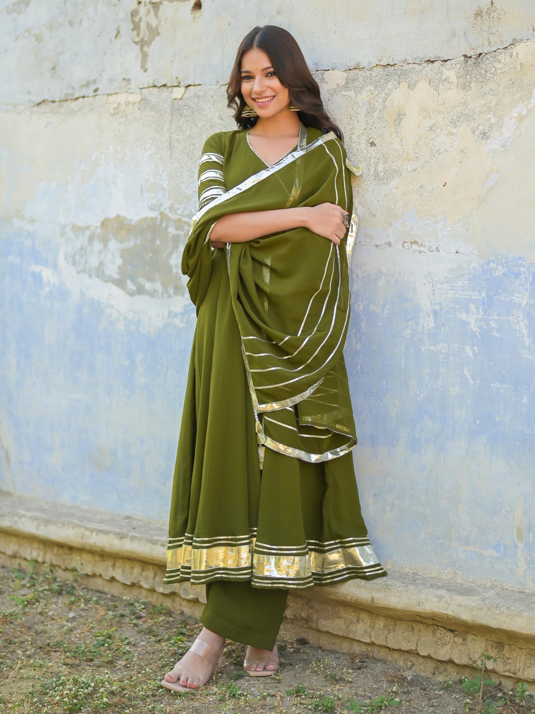 Olive Green Gota Work Anarkali Suit Set