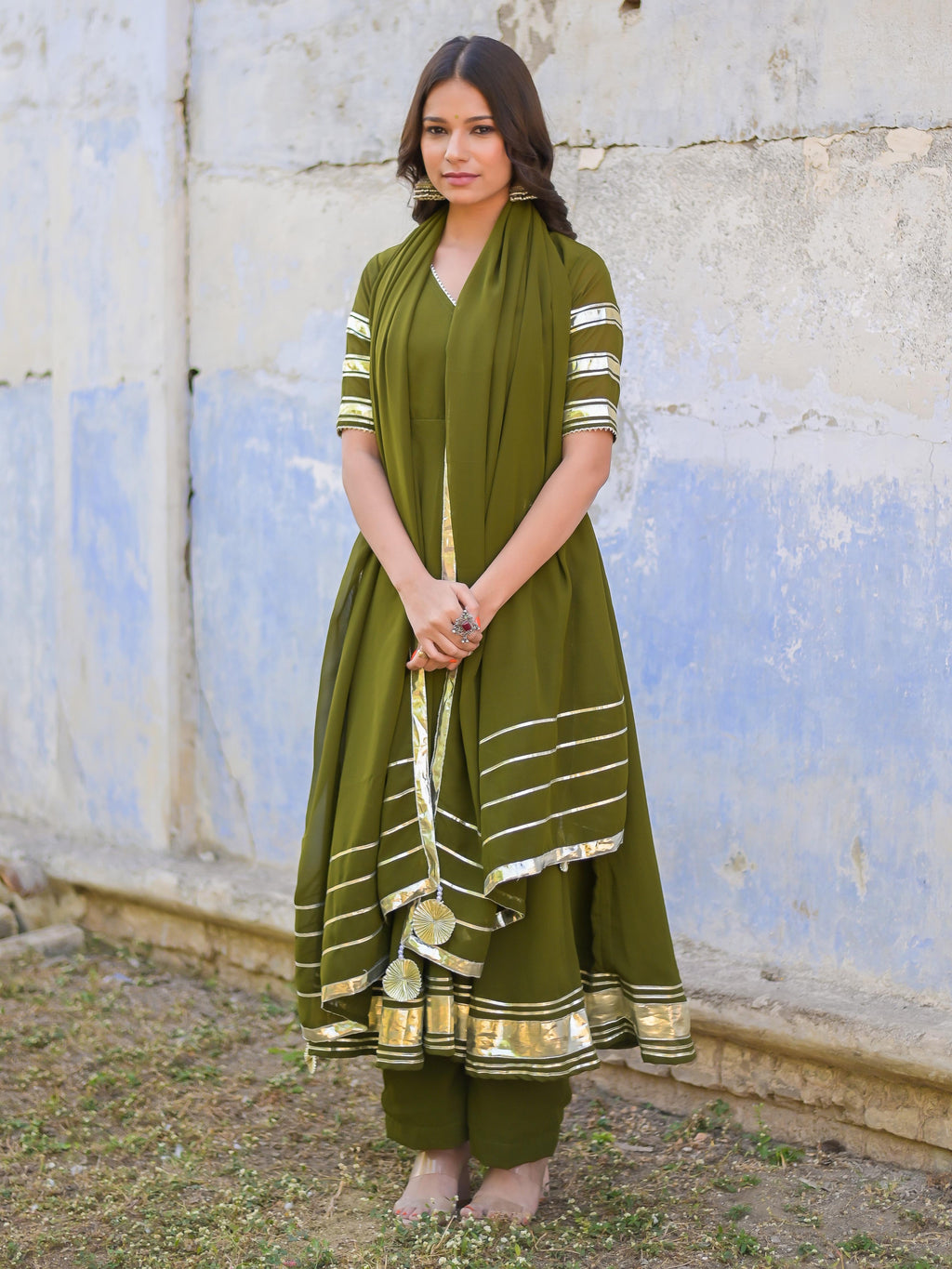 Olive Green Gota Work Anarkali Suit Set