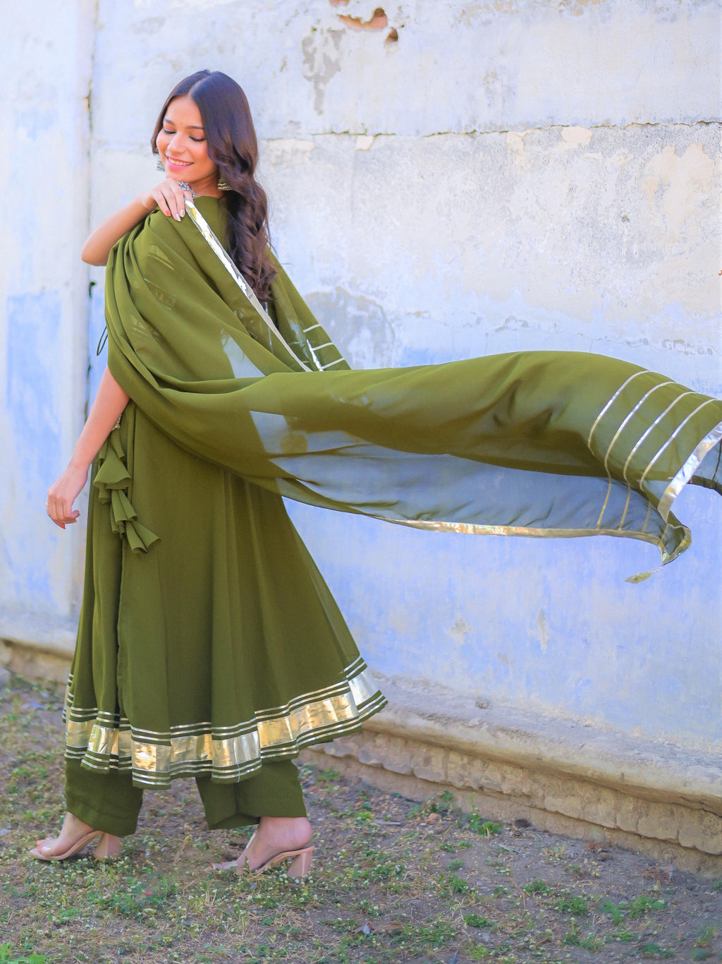 Olive Green Gota Work Anarkali Suit Set