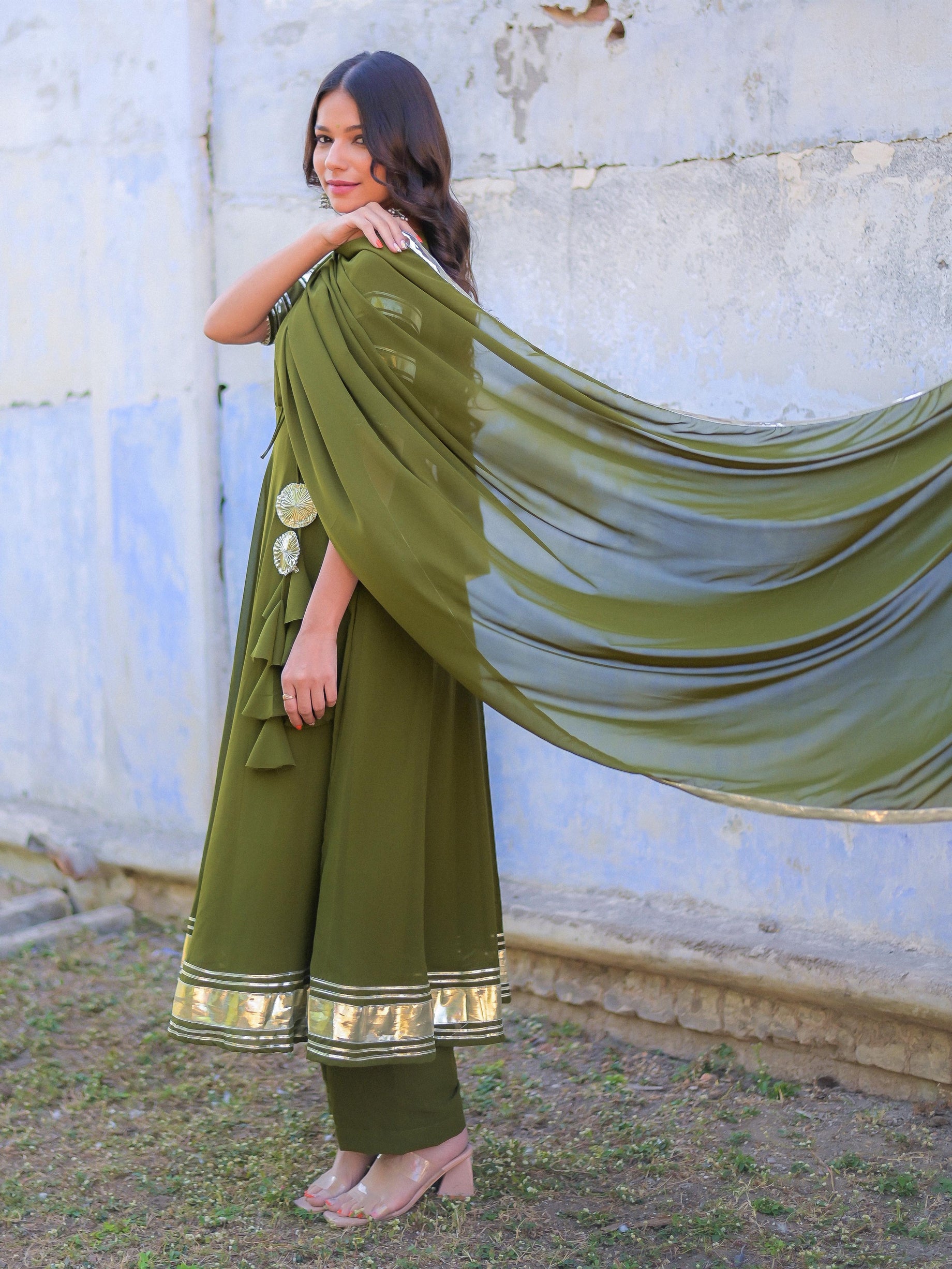 Olive Green Gota Work Anarkali Suit Set