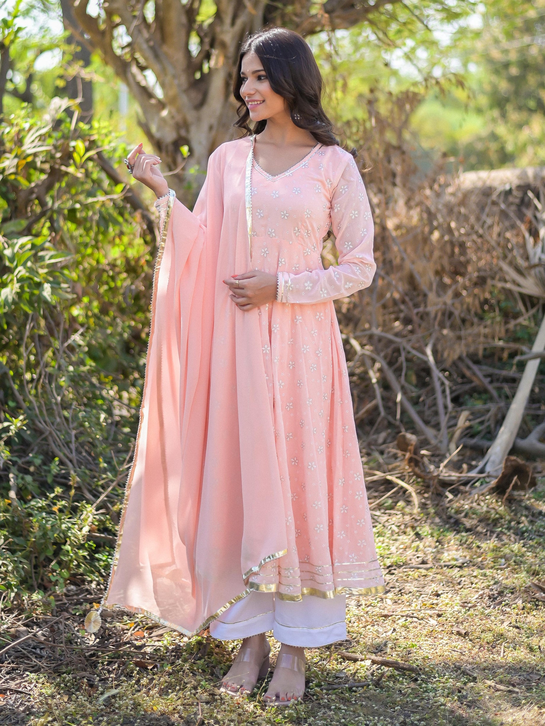 Light Peach Floral Printed Anarkali Suit Set