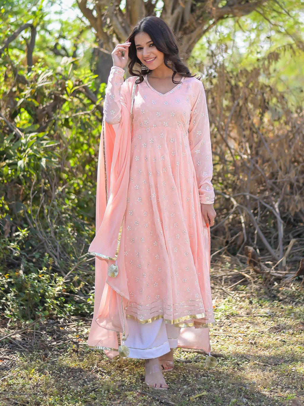 Light Peach Floral Printed Anarkali Suit Set