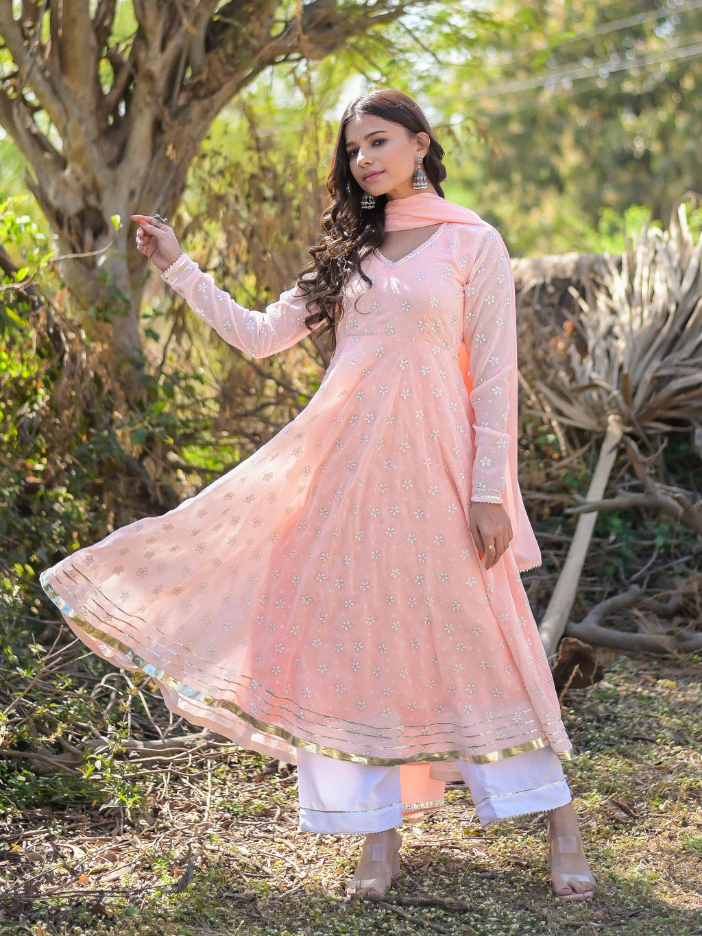 Light Peach Floral Printed Anarkali Suit Set