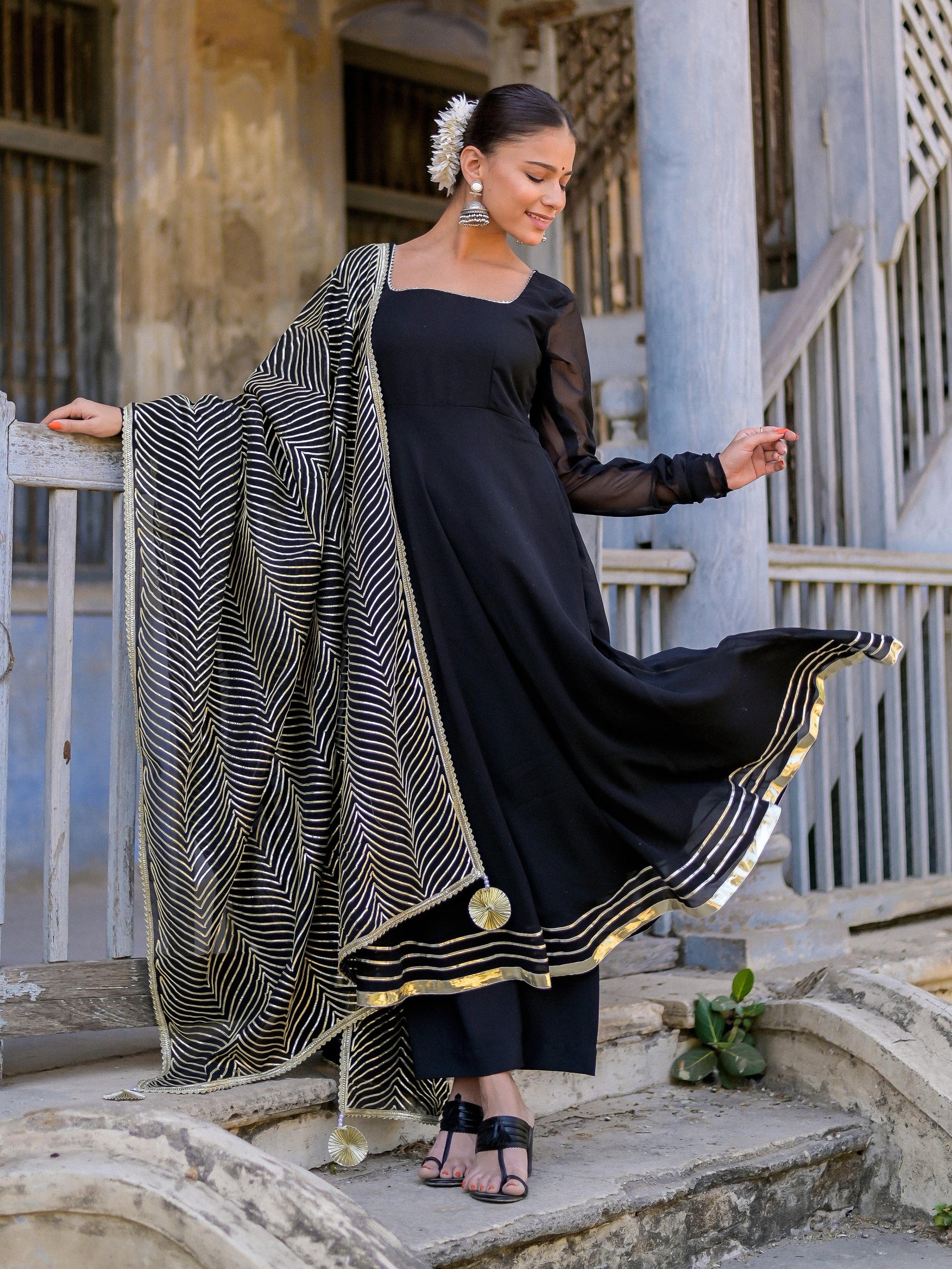 Black Heavy Gota Work Anarkali Suit Set