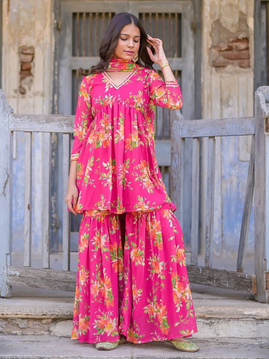 Pink Floral Sharara Set