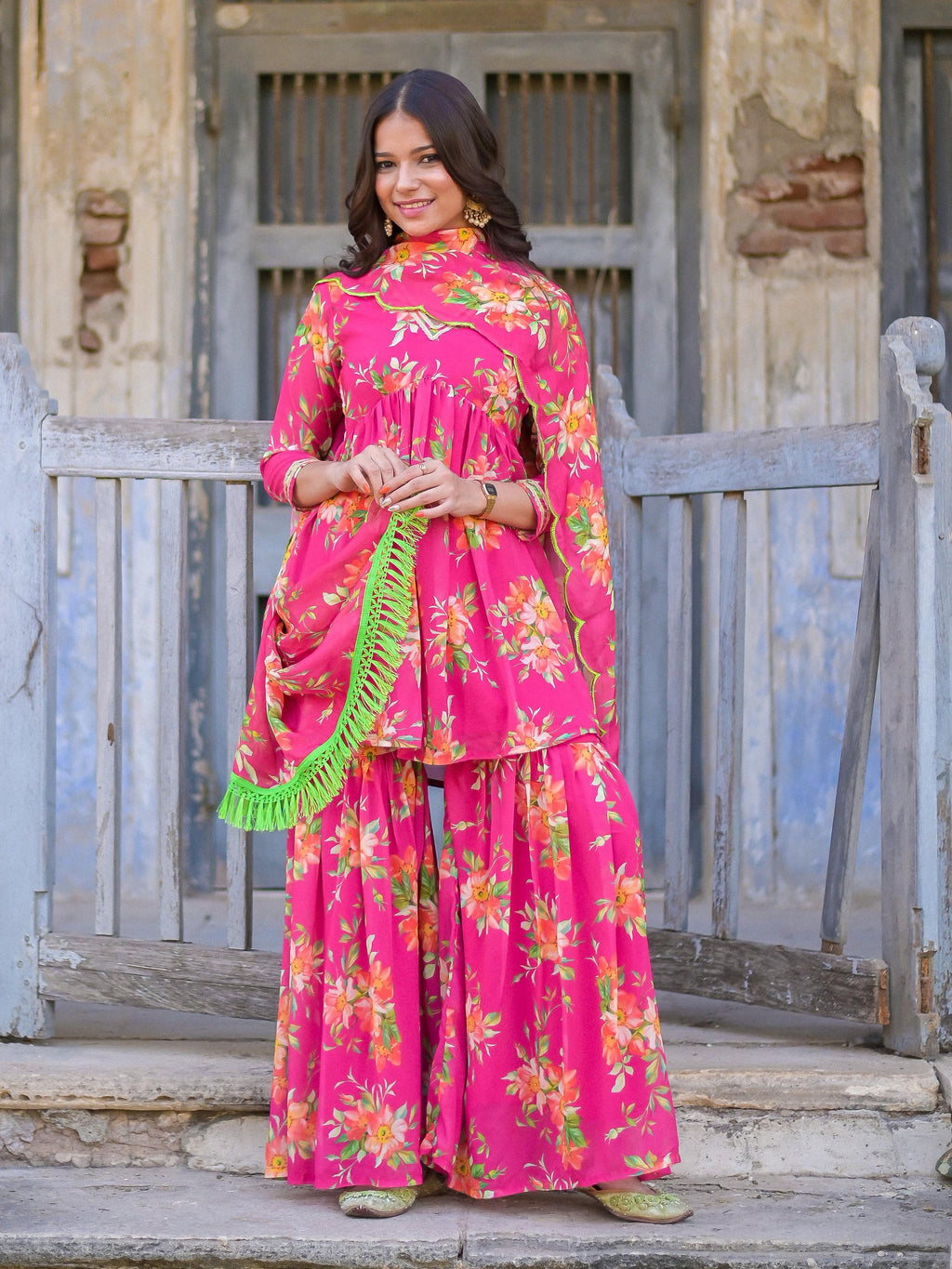 Pink Floral Sharara Set