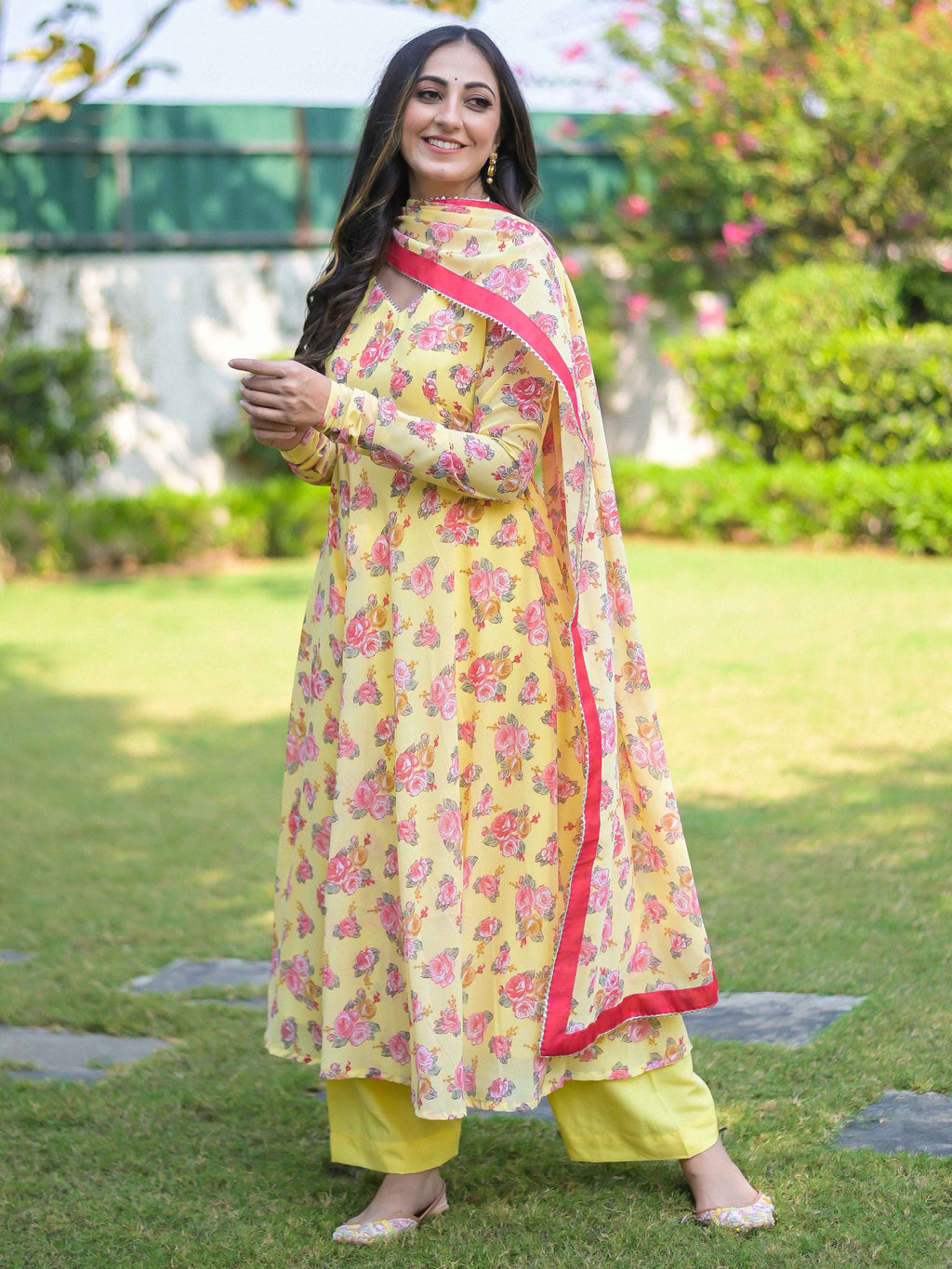 Yellow Rose Floral Anarkali Suit Set